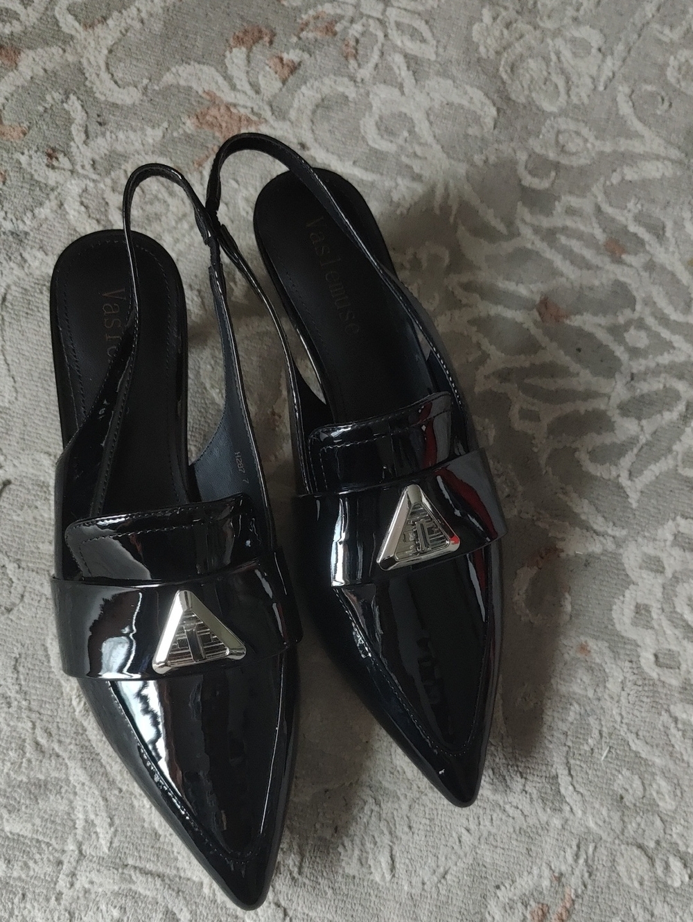 Vaslemuse Black Patent Slingback Pointed-Toe Mules with Silver Accent